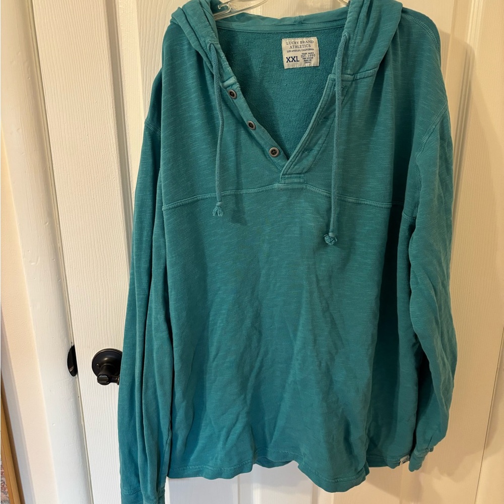 Mens XXL Lucky Brand Teal Blue Hooded Pullover Sweatshirt